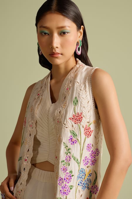 Chandrima Ivory Embroidery V-neck Mosaic Threadwork Long Jacket Online at Aza Fashions Chandrima_Ivory Embroidery V-neck Mosaic Threadwork Long Jacket _Online_at_Aza_Fashions