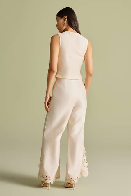 Shop Chandrima Ivory Chanderi Cutwork Bell Bottom Palazzos at Aza Fashions Shop_Chandrima_Ivory Chanderi Cutwork Bell Bottom Palazzos _at_Aza_Fashions