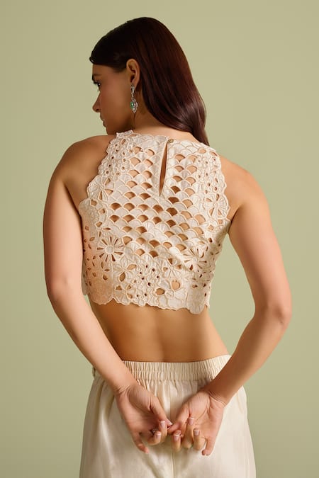 Shop Chandrima Ivory Chanderi Embroidery, Cut Work Round Neck Crop Top at Aza Fashions Shop_Chandrima_Ivory Chanderi Embroidery, Cut Work Round Neck Crop Top _at_Aza_Fashions