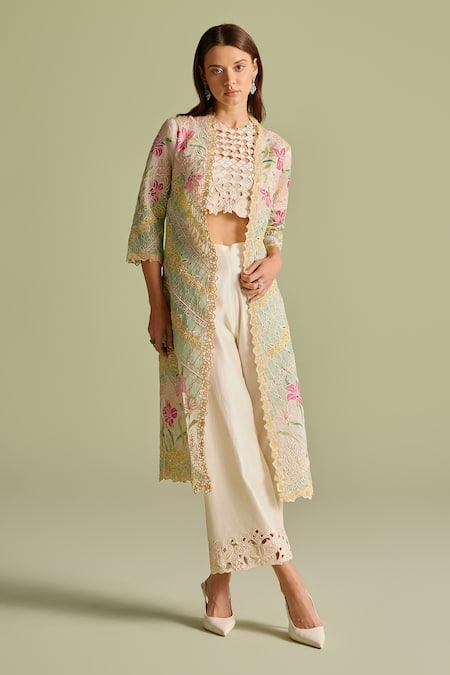 Chandrima Ivory Chanderi Embroidery, Cut Work Round Neck Crop Top Online at Aza Fashions Chandrima_Ivory Chanderi Embroidery, Cut Work Round Neck Crop Top _Online_at_Aza_Fashions