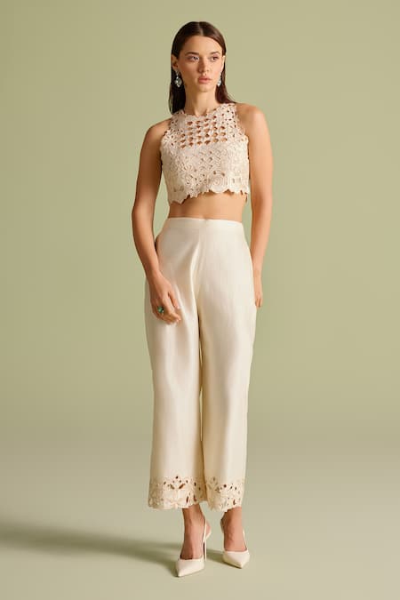 Buy Chandrima Ivory Chanderi Embroidery, Cut Work Round Neck Crop Top Online at Aza Fashions Buy_Chandrima_Ivory Chanderi Embroidery, Cut Work Round Neck Crop Top _Online_at_Aza_Fashions
