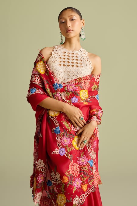 Shop Chandrima Ivory Chanderi Embroidery, Cut Work Round Neck Crop Top Online at Aza Fashions Shop_Chandrima_Ivory Chanderi Embroidery, Cut Work Round Neck Crop Top _Online_at_Aza_Fashions