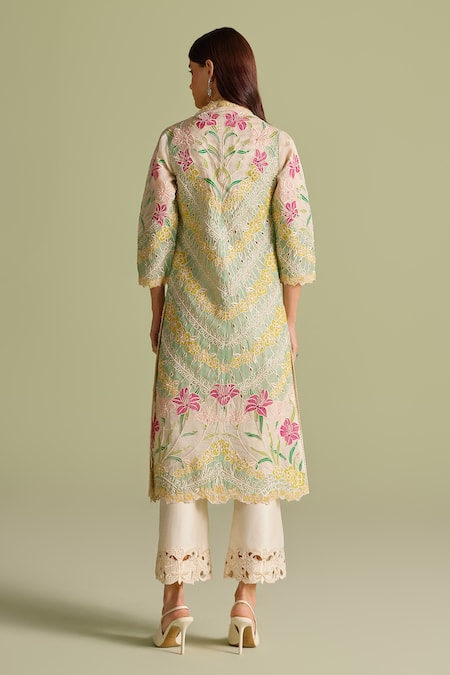 Shop Chandrima Ivory Embroidery Round Neck Floral Applique Long Jacket at Aza Fashions Shop_Chandrima_Ivory Embroidery Round Neck Floral Applique Long Jacket _at_Aza_Fashions