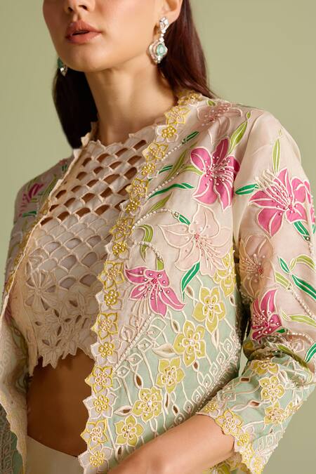 Chandrima Ivory Embroidery Round Neck Floral Applique Long Jacket Online at Aza Fashions Chandrima_Ivory Embroidery Round Neck Floral Applique Long Jacket _Online_at_Aza_Fashions