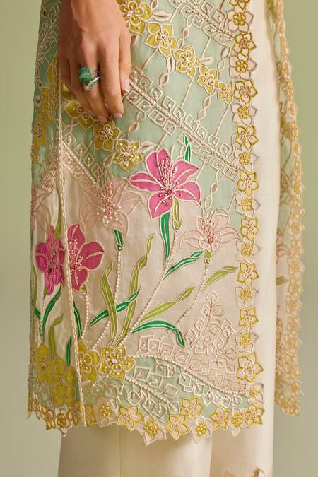 Buy Chandrima Ivory Embroidery Round Neck Floral Applique Long Jacket Online at Aza Fashions Buy_Chandrima_Ivory Embroidery Round Neck Floral Applique Long Jacket _Online_at_Aza_Fashions