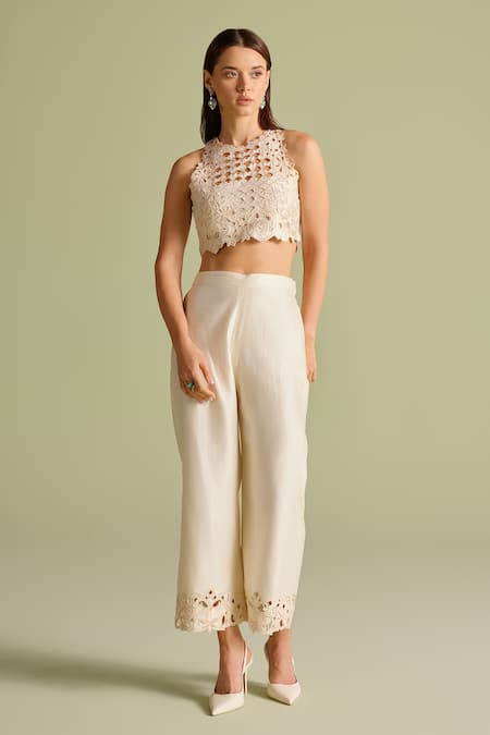 Chandrima_Ivory Chanderi Cutwork Straight Pants _Online_at_Aza_Fashions