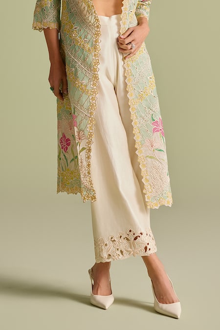 Buy_Chandrima_Ivory Chanderi Cutwork Straight Pants _Online_at_Aza_Fashions