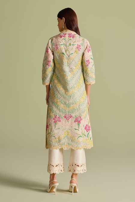 Shop_Chandrima_Ivory Chanderi Cutwork Straight Pants _at_Aza_Fashions
