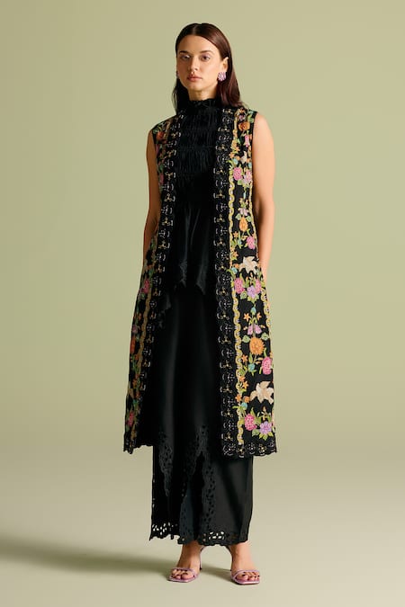 Chandrima Black Chanderi Embroidery High Neck Ruched Peplum Top Online at Aza Fashions Chandrima_Black Chanderi Embroidery High Neck Ruched Peplum Top _Online_at_Aza_Fashions