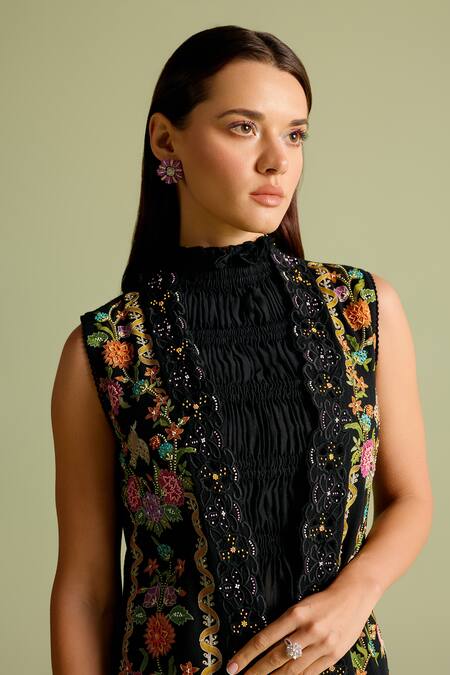 Buy Chandrima Black Chanderi Embroidery High Neck Ruched Peplum Top Online at Aza Fashions Buy_Chandrima_Black Chanderi Embroidery High Neck Ruched Peplum Top _Online_at_Aza_Fashions
