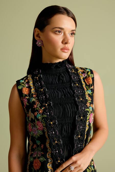 Chandrima Black Embroidery High Neck Floral Long Jacket Online at Aza Fashions Chandrima_Black Embroidery High Neck Floral Long Jacket _Online_at_Aza_Fashions