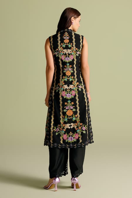 Shop Chandrima Black Embroidery High Neck Floral Long Jacket at Aza Fashions Shop_Chandrima_Black Embroidery High Neck Floral Long Jacket _at_Aza_Fashions