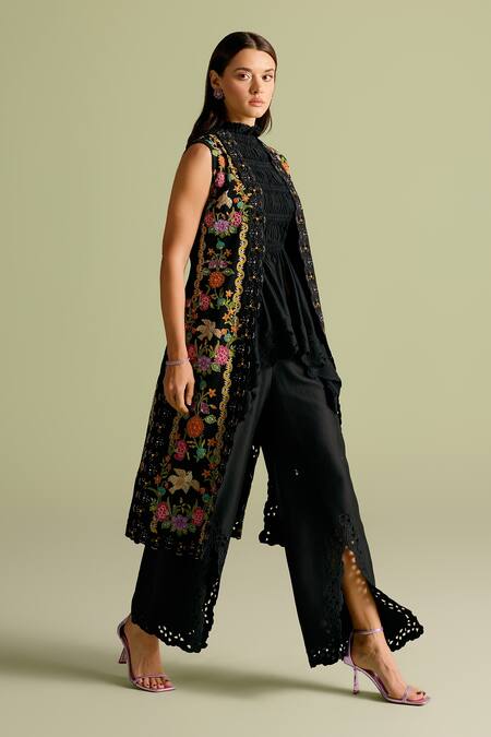 Buy Chandrima Black Embroidery High Neck Floral Long Jacket Online at Aza Fashions Buy_Chandrima_Black Embroidery High Neck Floral Long Jacket _Online_at_Aza_Fashions