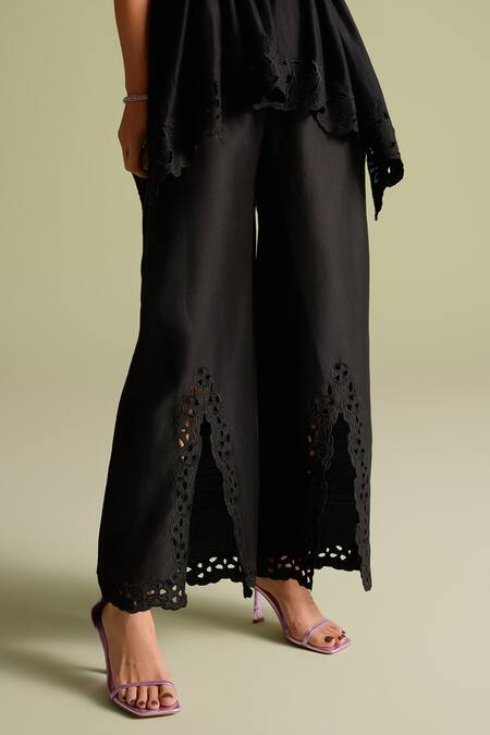 Chandrima Black Chanderi Cutwork Bell Bottom Pants Online at Aza Fashions Chandrima_Black Chanderi Cutwork Bell Bottom Pants _Online_at_Aza_Fashions