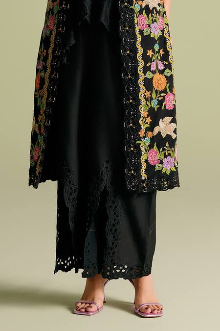 Shop Chandrima Black Chanderi Cutwork Bell Bottom Pants Online at Aza Fashions Shop_Chandrima_Black Chanderi Cutwork Bell Bottom Pants _Online_at_Aza_Fashions