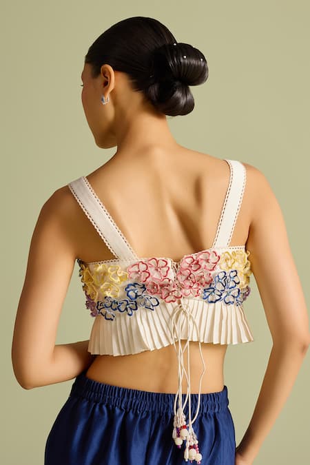 Shop Chandrima Ivory Embroidery Square Neck 3d Hydrangea Pleated Bustier at Aza Fashions Shop_Chandrima_Ivory Embroidery Square Neck 3d Hydrangea Pleated Bustier _at_Aza_Fashions