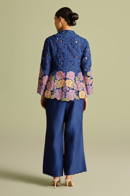 Shop Chandrima Blue Chanderi Beads, Embroidery Open Neck Flared Indigo Jacket at Aza Fashions Shop_Chandrima_Blue Chanderi Beads, Embroidery Open Neck Flared Indigo Jacket _at_Aza_Fashions
