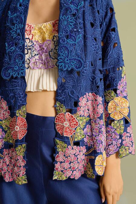 Chandrima Blue Chanderi Beads, Embroidery Open Neck Flared Indigo Jacket Online at Aza Fashions Chandrima_Blue Chanderi Beads, Embroidery Open Neck Flared Indigo Jacket _Online_at_Aza_Fashions