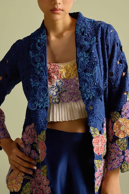 Buy Chandrima Blue Chanderi Beads, Embroidery Open Neck Flared Indigo Jacket Online at Aza Fashions Buy_Chandrima_Blue Chanderi Beads, Embroidery Open Neck Flared Indigo Jacket _Online_at_Aza_Fashions