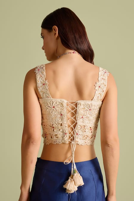 Shop Chandrima Ivory Beads, Cut Work Square Neck Beadwork Bustier at Aza Fashions Shop_Chandrima_Ivory Beads, Cut Work Square Neck Beadwork Bustier _at_Aza_Fashions
