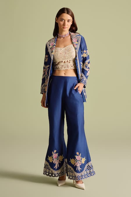 Chandrima_Blue Cotton Embroidery Collared Indigo Applique Threadwork Jacket _Online_at_Aza_Fashions