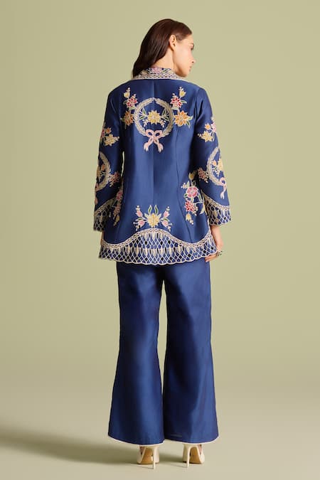 Shop_Chandrima_Blue Cotton Embroidery Collared Indigo Applique Threadwork Jacket _at_Aza_Fashions