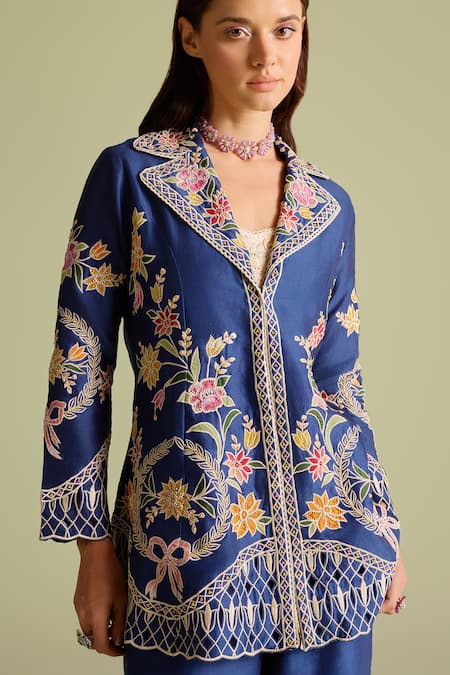 Buy_Chandrima_Blue Cotton Embroidery Collared Indigo Applique Threadwork Jacket _Online_at_Aza_Fashions