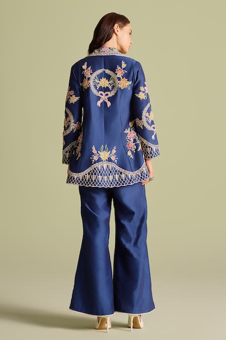 Shop Chandrima Blue Embroidery Indigo Applique Bell Bottom Pants at Aza Fashions Shop_Chandrima_Blue Embroidery Indigo Applique Bell Bottom Pants _at_Aza_Fashions