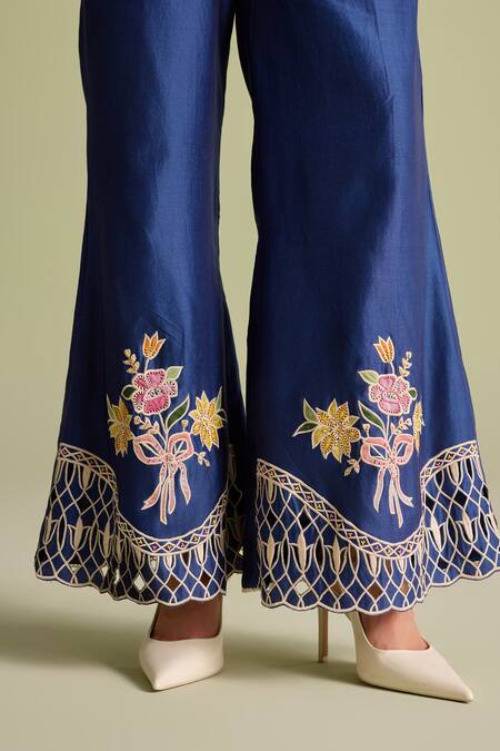 Chandrima Blue Embroidery Indigo Applique Bell Bottom Pants Online at Aza Fashions Chandrima_Blue Embroidery Indigo Applique Bell Bottom Pants _Online_at_Aza_Fashions