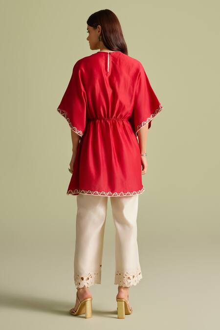 Shop_Chandrima_Red Cotton Tassels, Embroidery Round Neck Kaftan Set _at_Aza_Fashions