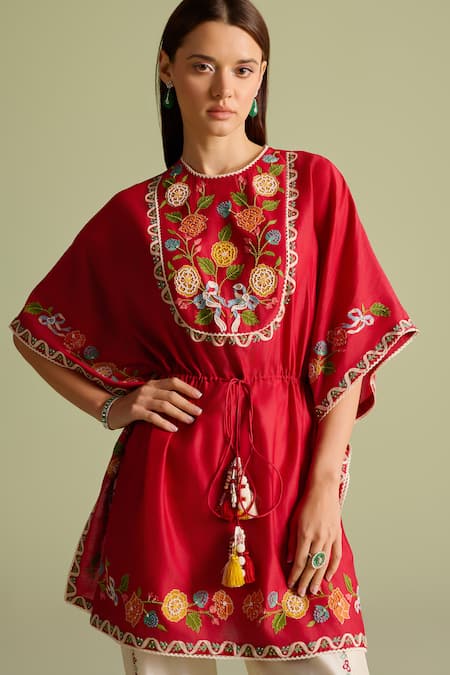 Buy_Chandrima_Red Cotton Tassels, Embroidery Round Neck Kaftan Set _Online_at_Aza_Fashions