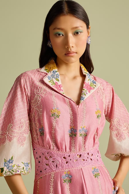 Chandrima_Pink Embroidery Collared Floral Chainstitch Midi Dress _Online_at_Aza_Fashions