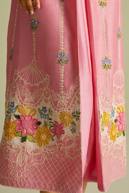 Buy_Chandrima_Pink Embroidery Collared Floral Chainstitch Midi Dress _Online_at_Aza_Fashions