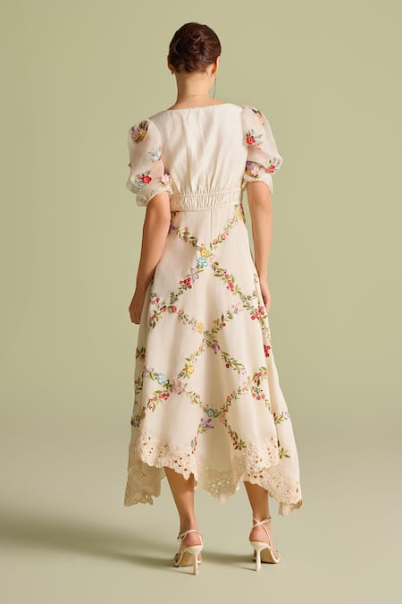 Chandrima Embroidered Ruched Midi Dress 