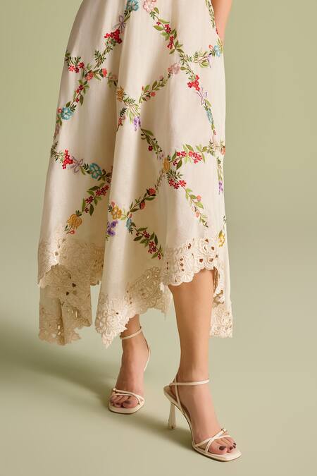 Chandrima_Ivory Embroidery V-neck Ruched Midi Dress _Online_at_Aza_Fashions