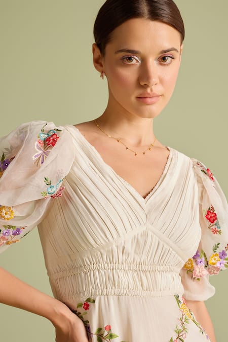 Buy_Chandrima_Ivory Embroidery V-neck Ruched Midi Dress _Online_at_Aza_Fashions