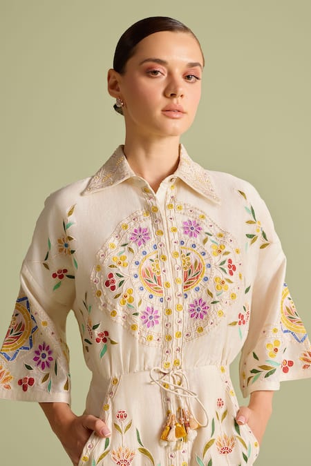 Chandrima Ivory Chanderi Embroidery, Beads Collared Multicolor Applique Midi Dress Online at Aza Fashions Chandrima_Ivory Chanderi Embroidery, Beads Collared Multicolor Applique Midi Dress _Online_at_Aza_Fashions