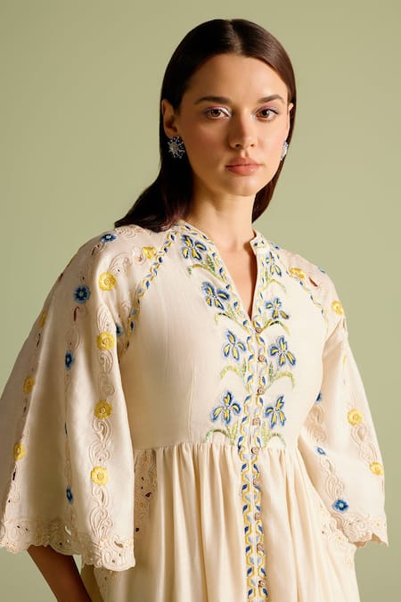 Chandrima Ivory Embroidery Round Neck Mosaic Threadwork Midi Dress Online at Aza Fashions Chandrima_Ivory Embroidery Round Neck Mosaic Threadwork Midi Dress _Online_at_Aza_Fashions