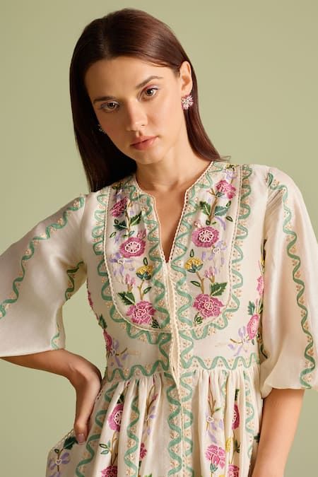 Chandrima Ivory Chanderi Embroidery, Beads V-neck Floral Vines Midi Dress Online at Aza Fashions Chandrima_Ivory Chanderi Embroidery, Beads V-neck Floral Vines Midi Dress _Online_at_Aza_Fashions