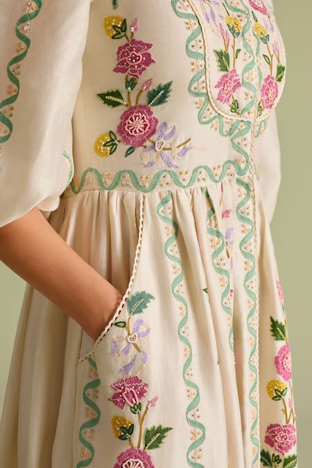 Buy Chandrima Ivory Chanderi Embroidery, Beads V-neck Floral Vines Midi Dress Online at Aza Fashions Buy_Chandrima_Ivory Chanderi Embroidery, Beads V-neck Floral Vines Midi Dress _Online_at_Aza_Fashions