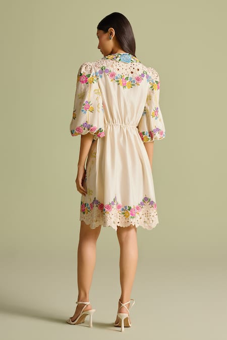 Shop_Chandrima_Ivory Embroidery Collared Floral Chainstitch Short Dress _at_Aza_Fashions