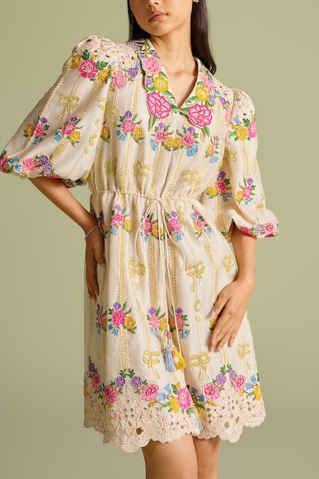 Chandrima_Ivory Embroidery Collared Floral Chainstitch Short Dress _Online_at_Aza_Fashions