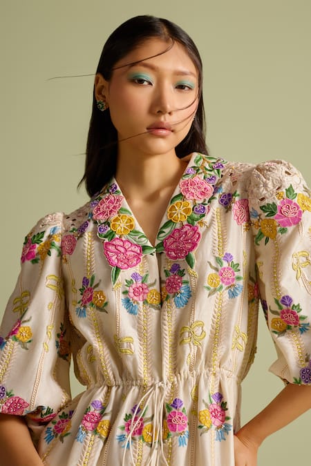 Buy_Chandrima_Ivory Embroidery Collared Floral Chainstitch Short Dress _Online_at_Aza_Fashions