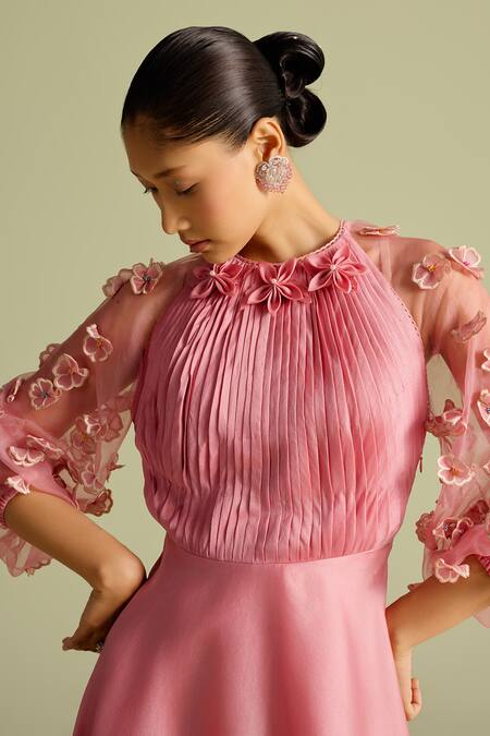 Chandrima_Pink Chiffon Fabric Flowers Round Neck Flounce Embroidered Maxi Dress _Online_at_Aza_Fashions