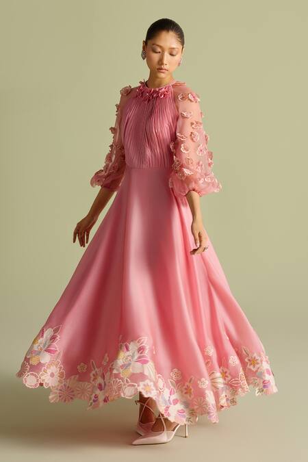 Buy_Chandrima_Pink Chiffon Fabric Flowers Round Neck Flounce Embroidered Maxi Dress _Online_at_Aza_Fashions