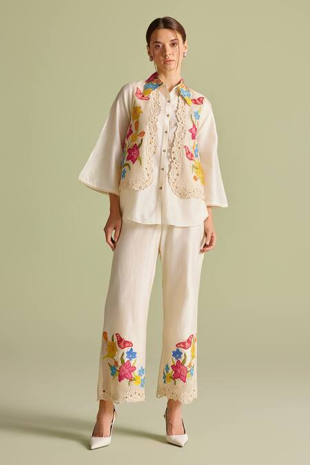Chandrima Ivory Cotton Embroidery, Lace, Fabric Flowers Floral Applique Layered Shirt Online at Aza Fashions Chandrima_Ivory Cotton Embroidery, Lace, Fabric Flowers Floral Applique Layered Shirt _Online_at_Aza_Fashions