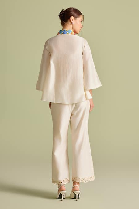 Shop Chandrima Ivory Cotton Embroidery, Lace, Fabric Flowers Floral Applique Layered Shirt at Aza Fashions Shop_Chandrima_Ivory Cotton Embroidery, Lace, Fabric Flowers Floral Applique Layered Shirt _at_Aza_Fashions