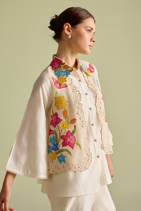 Buy Chandrima Ivory Cotton Embroidery, Lace, Fabric Flowers Floral Applique Layered Shirt Online at Aza Fashions Buy_Chandrima_Ivory Cotton Embroidery, Lace, Fabric Flowers Floral Applique Layered Shirt _Online_at_Aza_Fashions