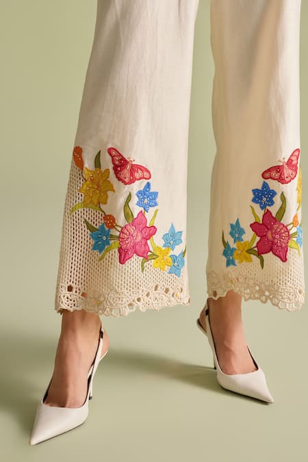 Chandrima_Ivory Chanderi Embroidery Floral Applique Pants _Online_at_Aza_Fashions