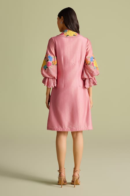 Chandrima Pink Applique Layered Short Dress 